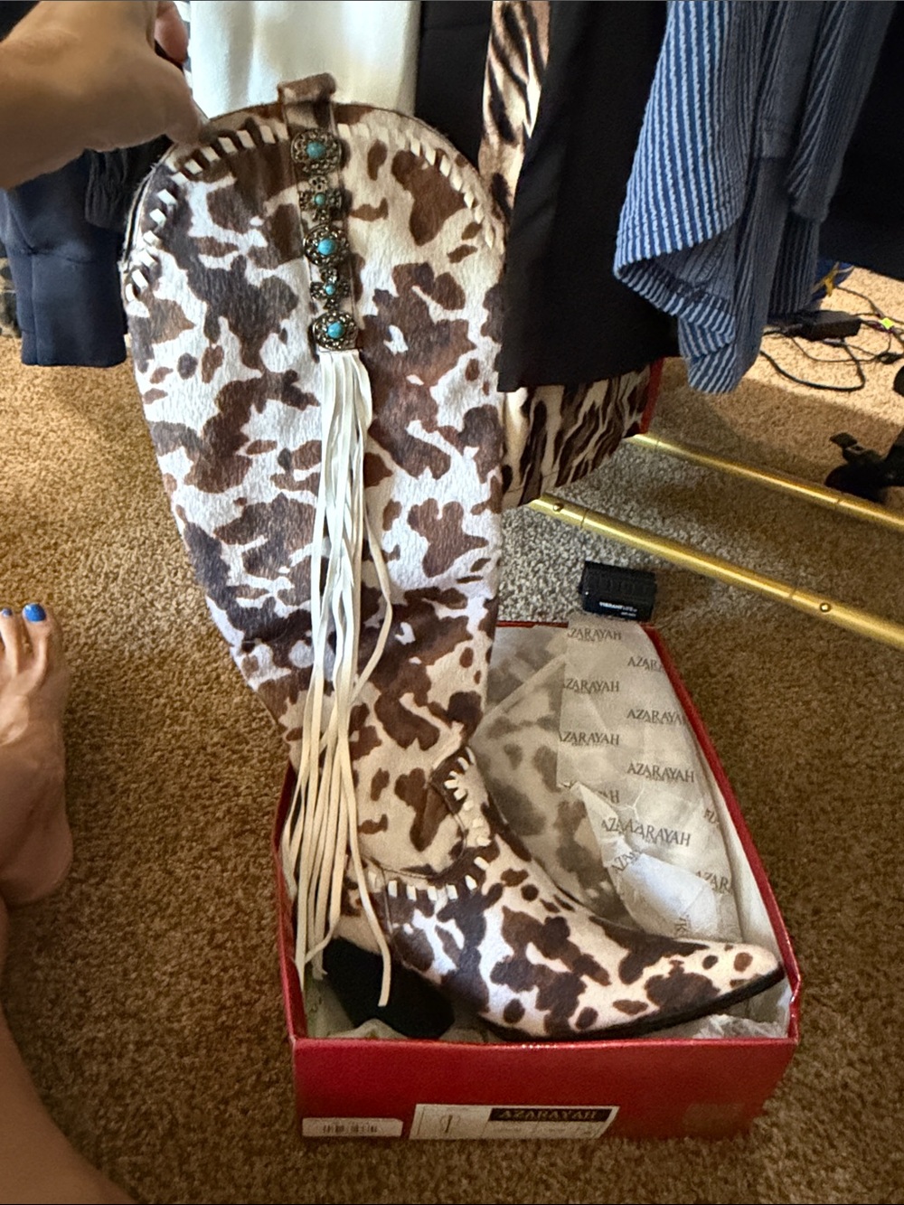 Trendy boutique Brown and White Cowhide Fringe Heeled Boots